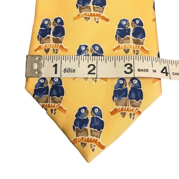 Lands End Silk Parrot Necktie Blue Parrot Pair on Branch Yellow Background USA - Picture 3 of 5